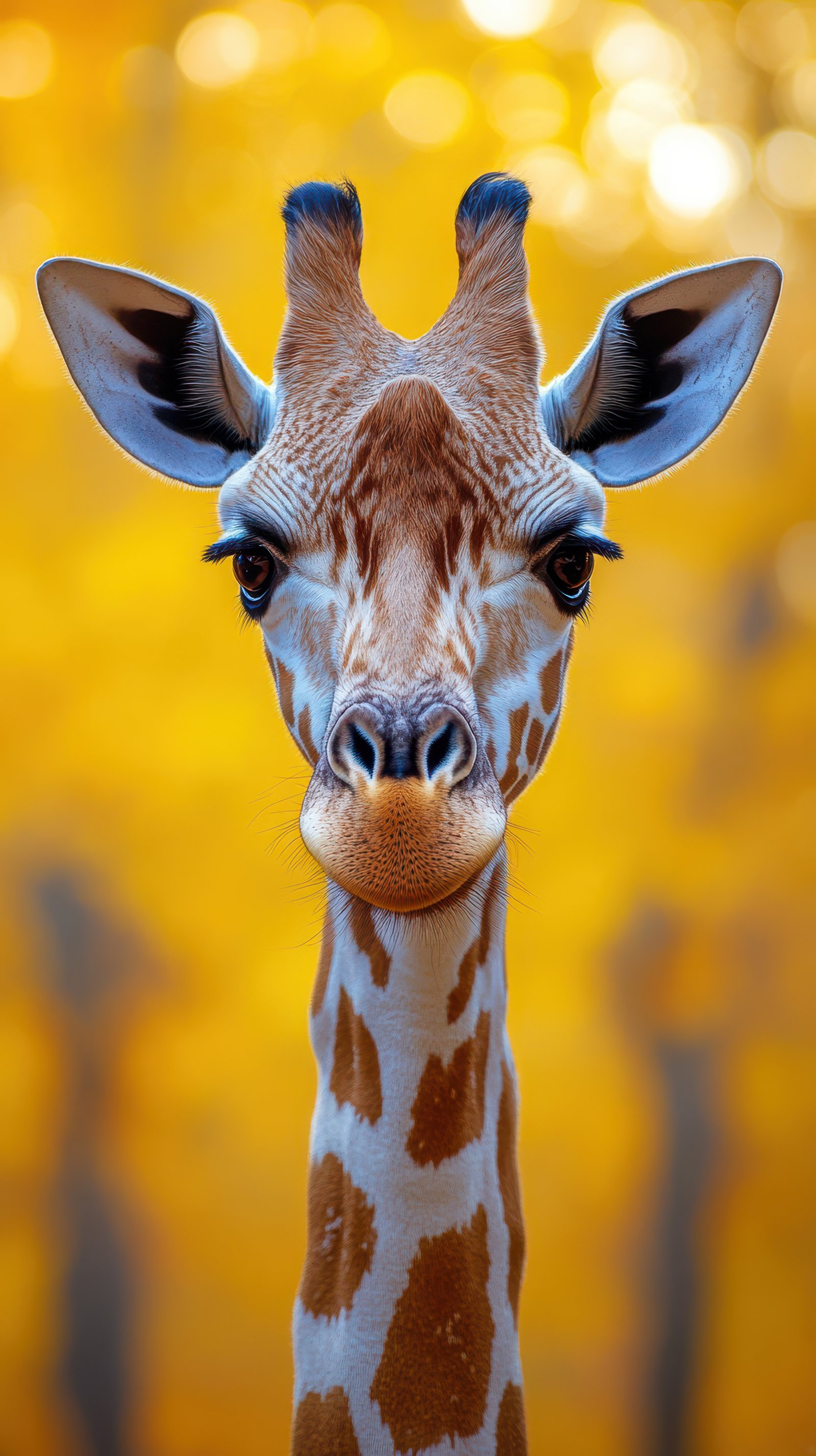 Giraffe with striking features stands against a vibrant autumn backdrop in a serene landscape